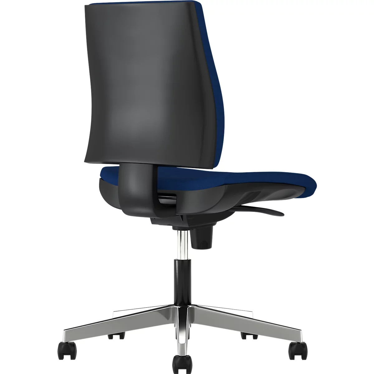 Office chair with blue seat and back, black backrest, and silver frame.