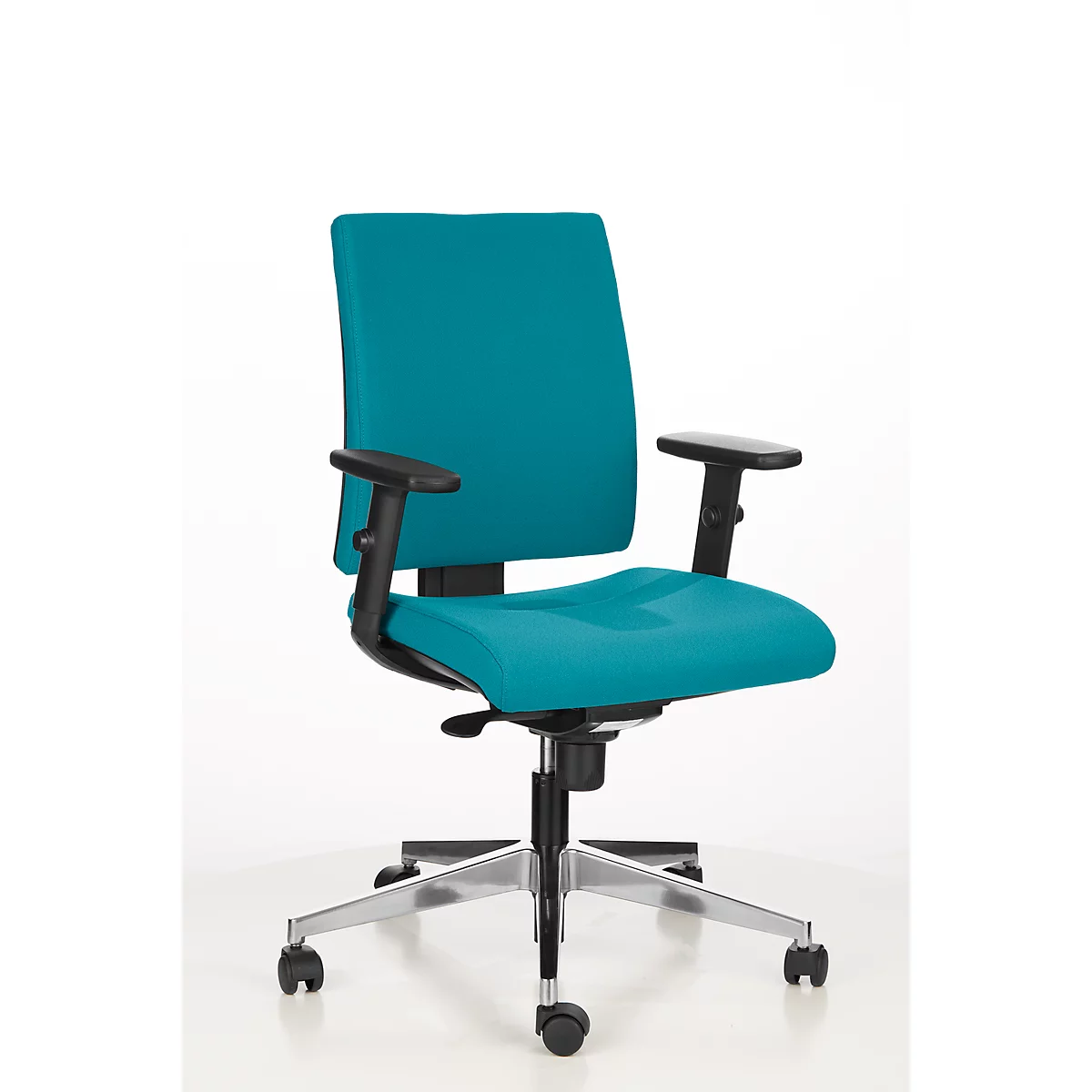 Office chair with turquoise seat, backrest, and armrests on casters against a white background.