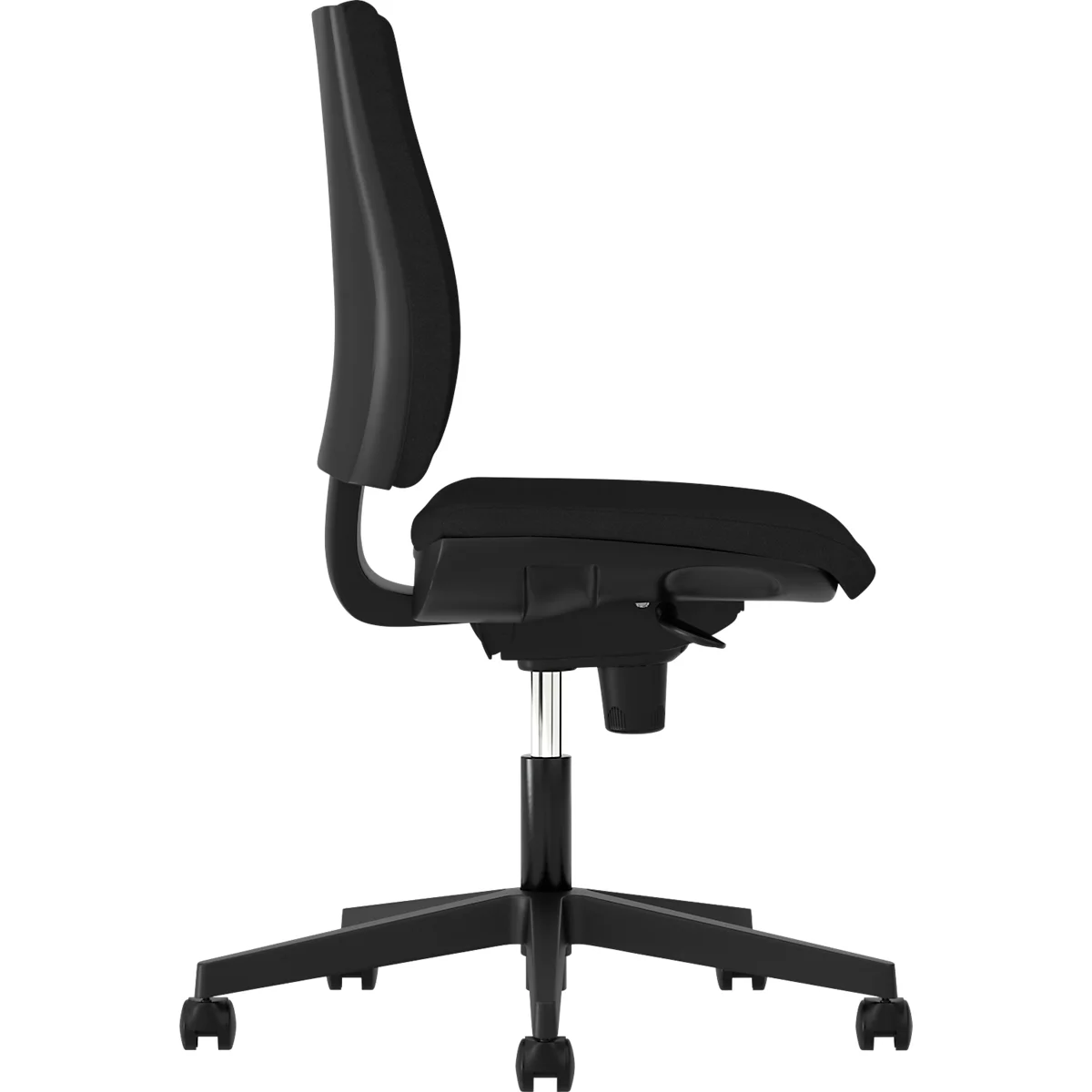 Black office chair, side view. High backrest, seat and swivel base with castors.