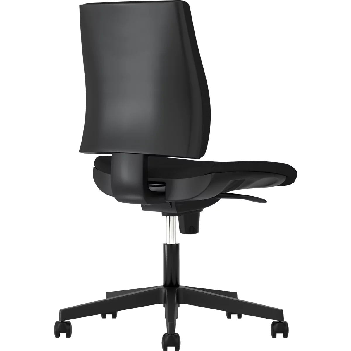 Black office chair extending from left to right. Backrest, seat and castors are visible.