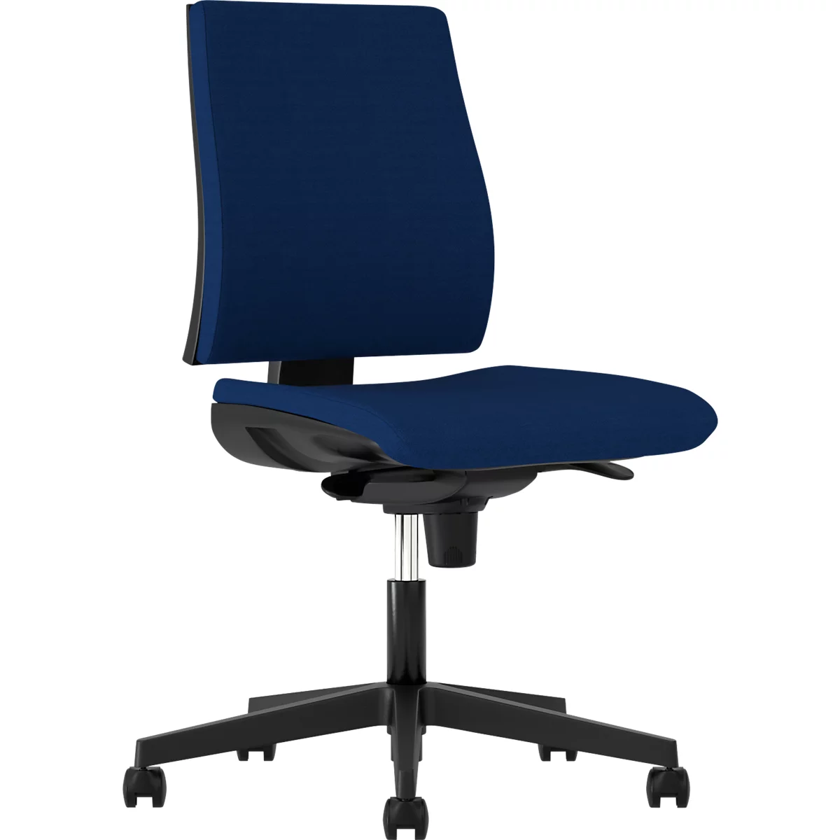 Office chair in blue. Black frame, padded seat and backrest.