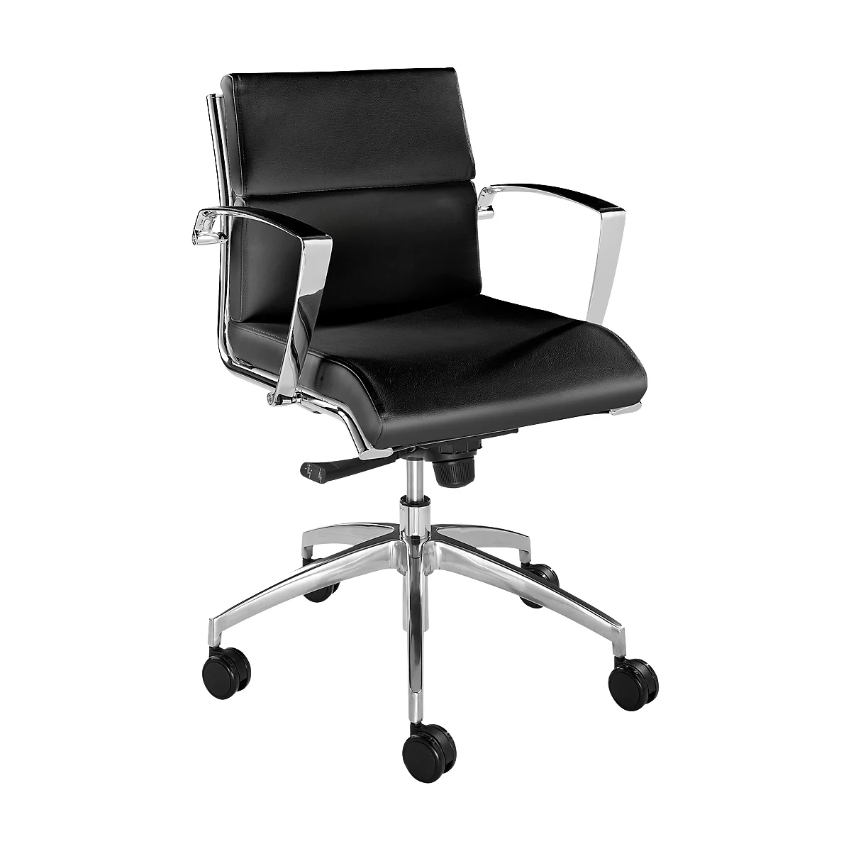 Black office chair with chrome armrests and frame. The chair has five castors.