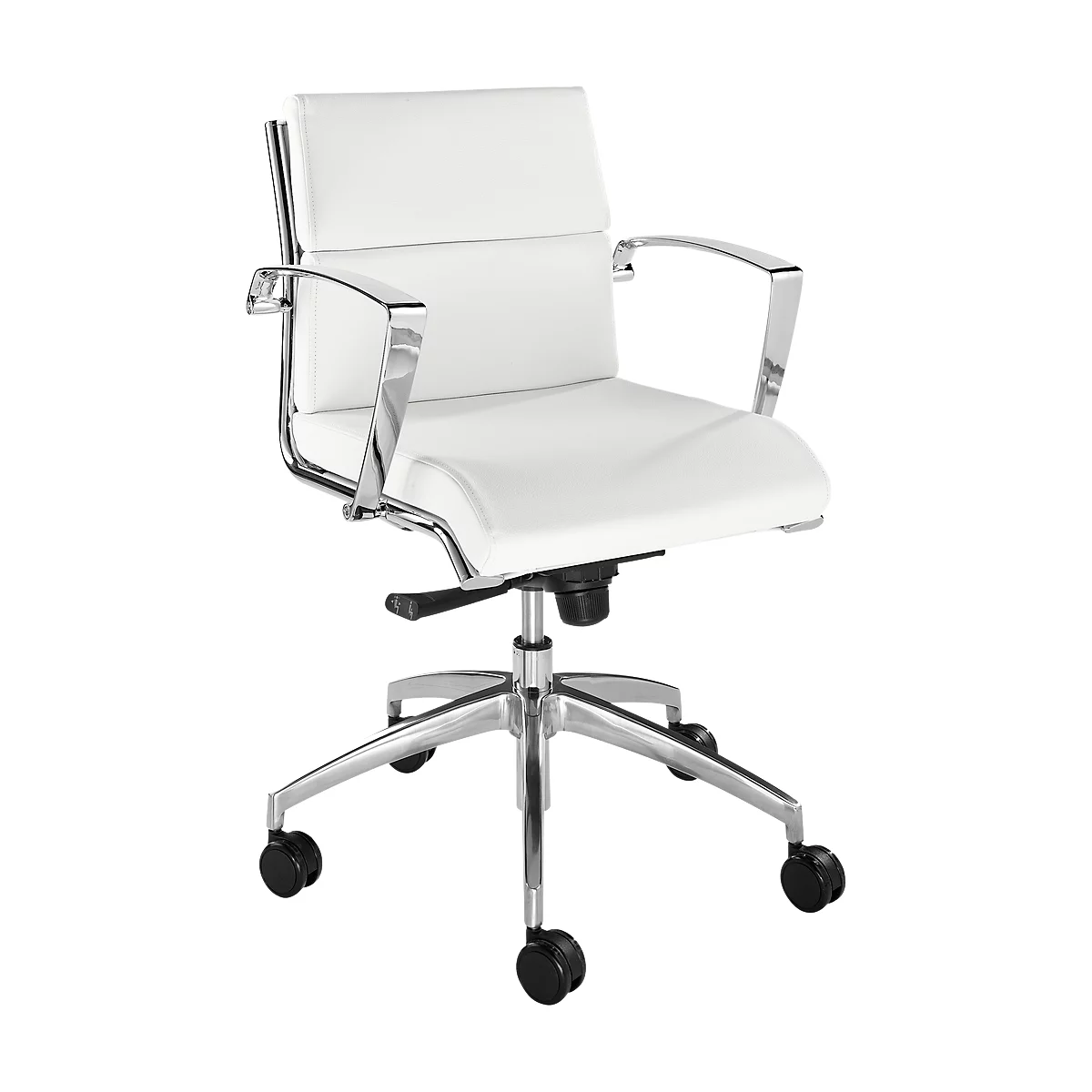 White office chair with chrome armrests and base. The chair stands on casters.