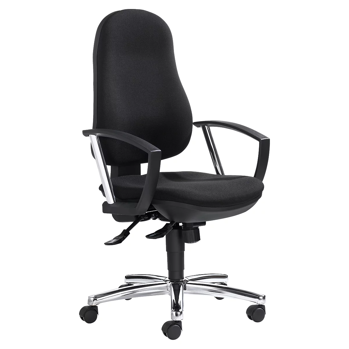 Black office chair with high back and armrests. Metal base with wheels.