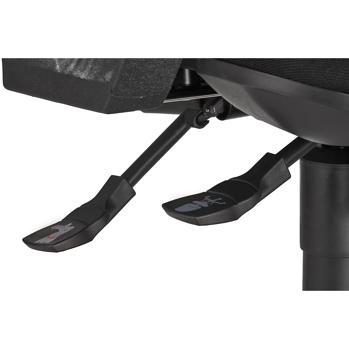 Close-up of levers under a black office chair. Symbols are depicted on the levers.