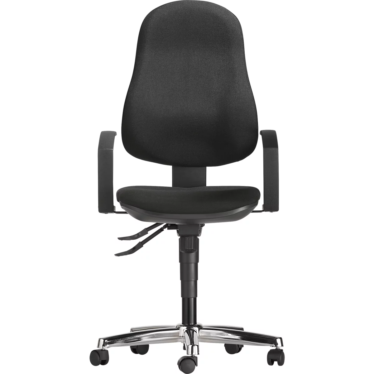 Black office chair on white background. High backrest, armrests, chrome base and castors.