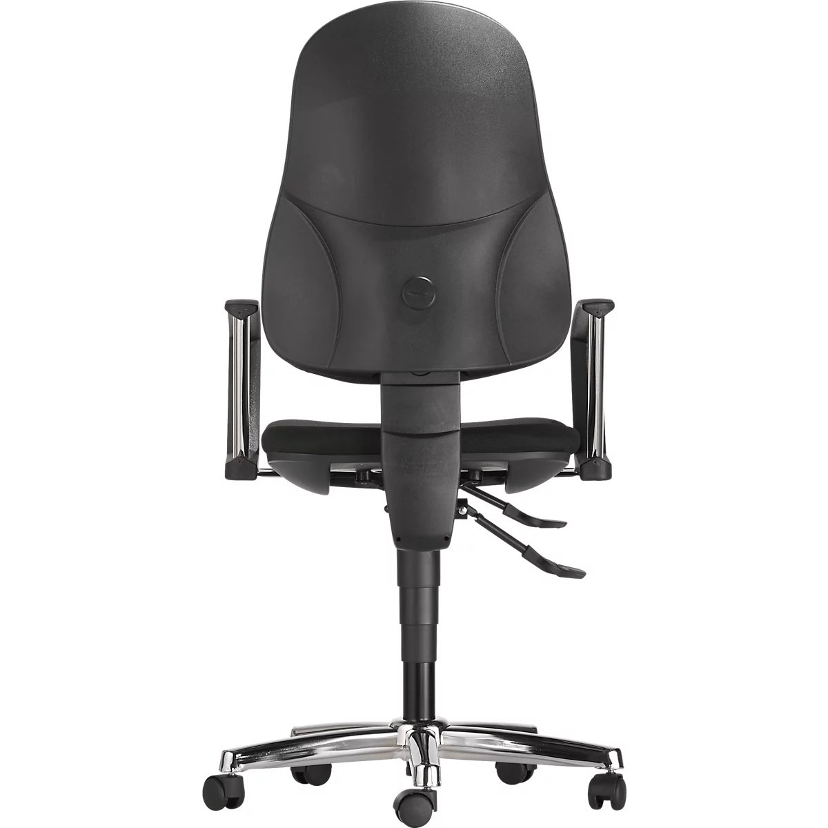 View of the back of an office chair, the seat and backrest are black, the frame and armrests are silver.