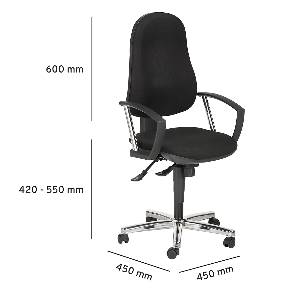 Black office chair with armrests and wheels. Dimensions: 600 mm height, 420-550 mm seat height, 450 mm width and depth.