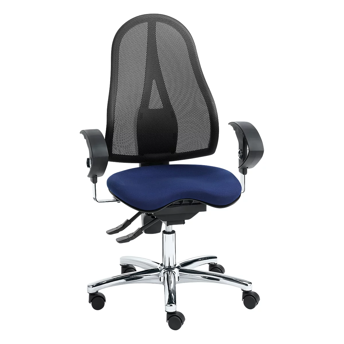 Office chair with black mesh back and blue seat. Chrome frame with castors, armrests.