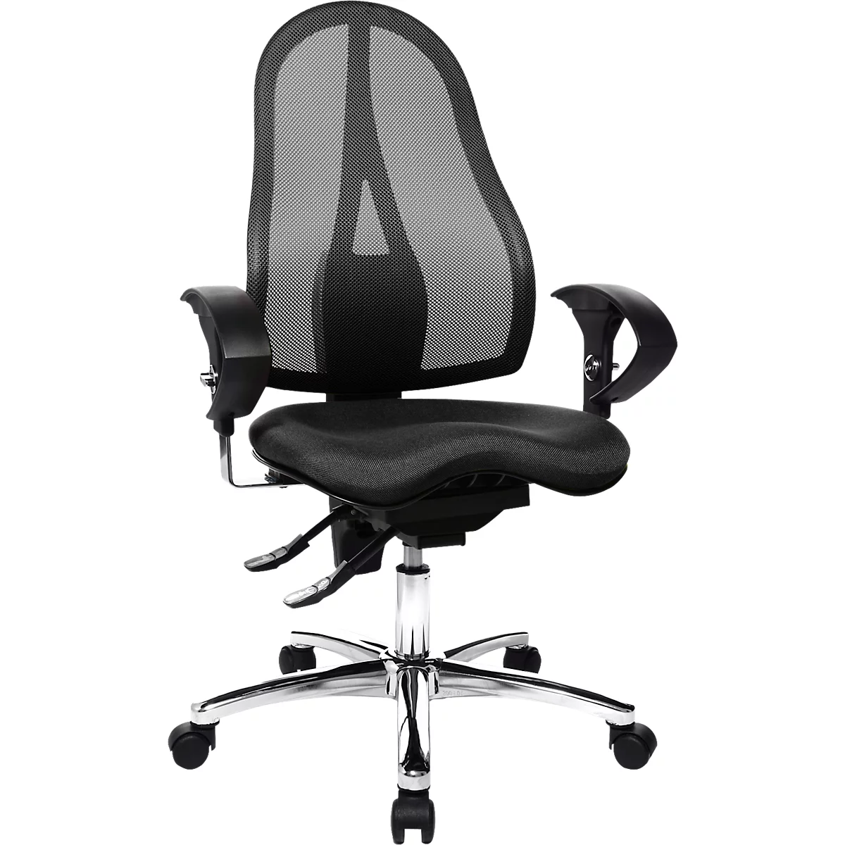 Black office chair with mesh back and adjustable armrests on a chrome base.