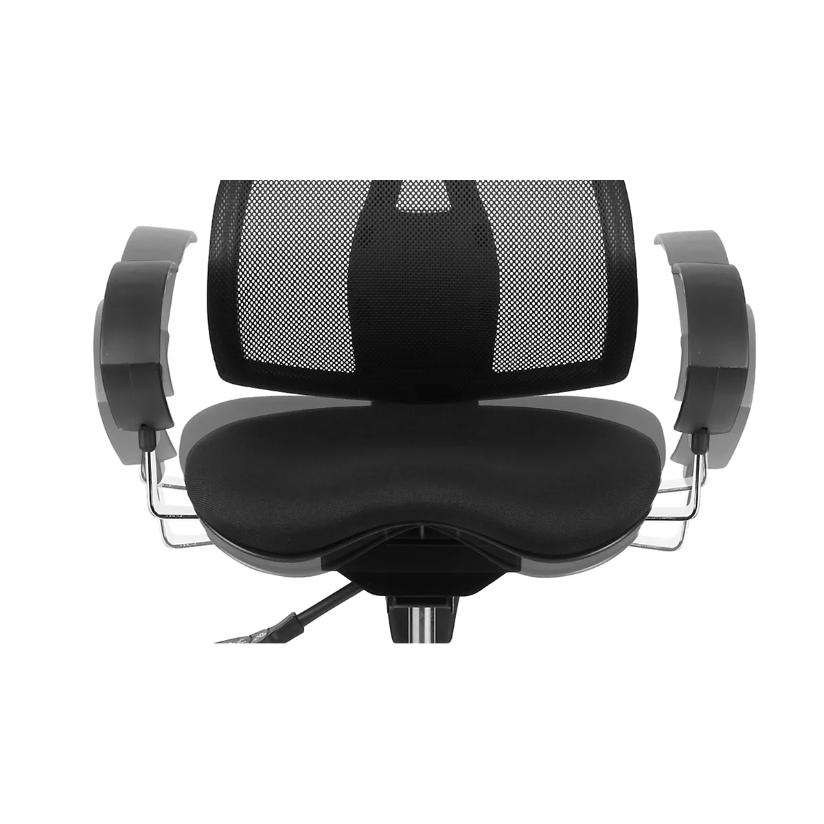 Black office chair with mesh backrest. Dimensions: 550mm height, 430-540mm seat height.