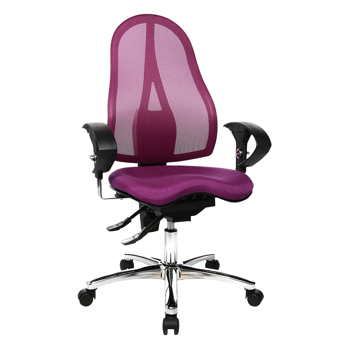 Office chair with pink mesh back, pink seat, black armrests, and chrome frame.