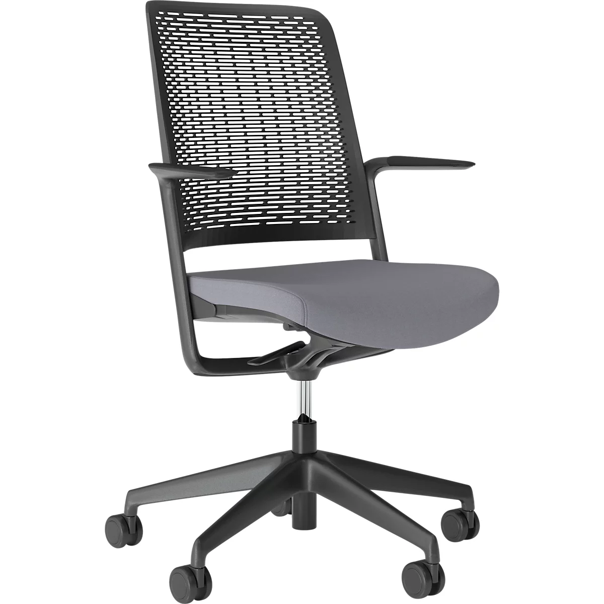 Black office chair with perforated backrest, gray seat and wheeled feet.