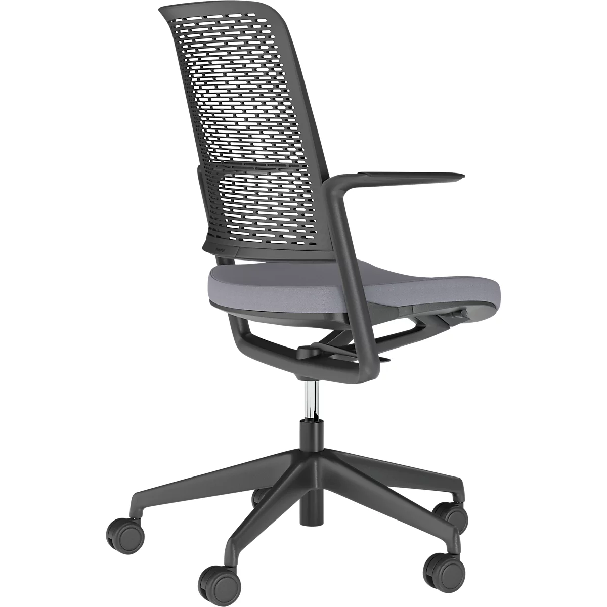 Office chair with mesh back, grey seat, black armrests, and wheels.