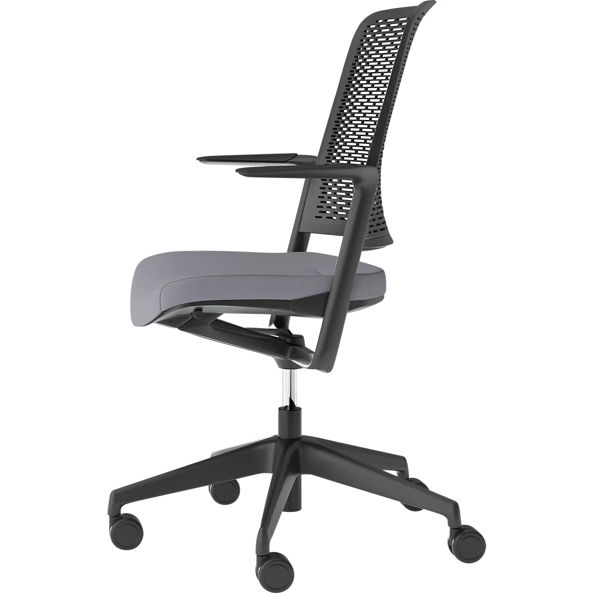 Office chair with mesh back, gray seat, and black armrests and frame, side view.