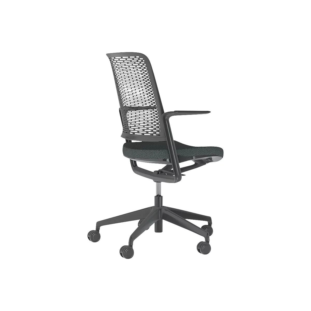 Black office chair, side view. The chair has a perforated backrest and armrests. Castors on the underside.