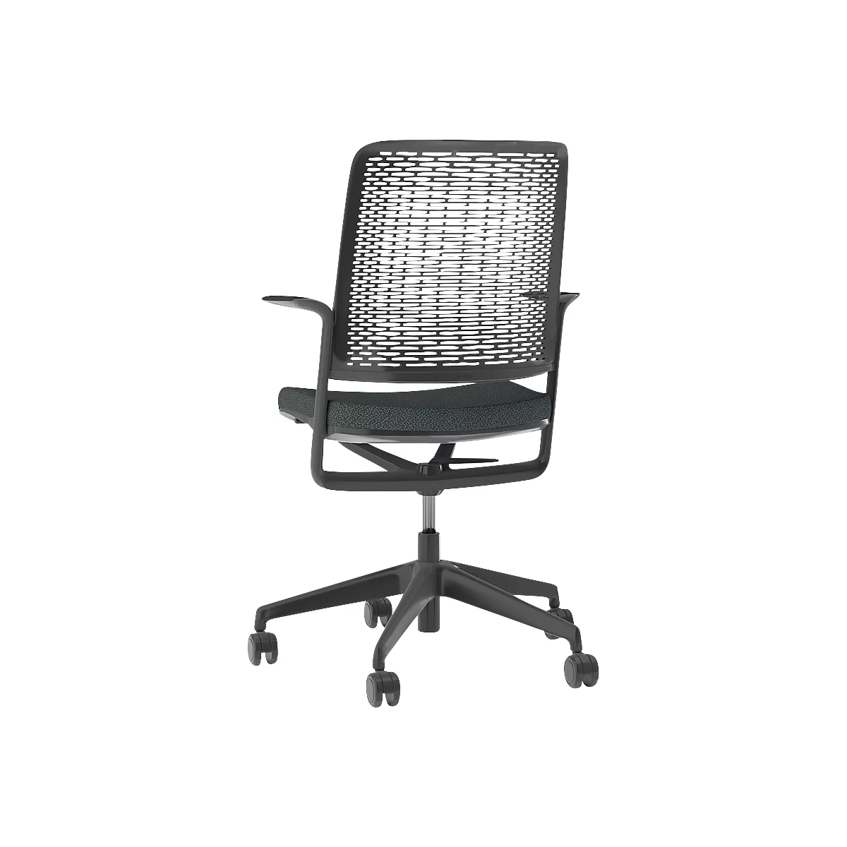 Black office chair, back view. Seat and backrest black, frame and castors also black.