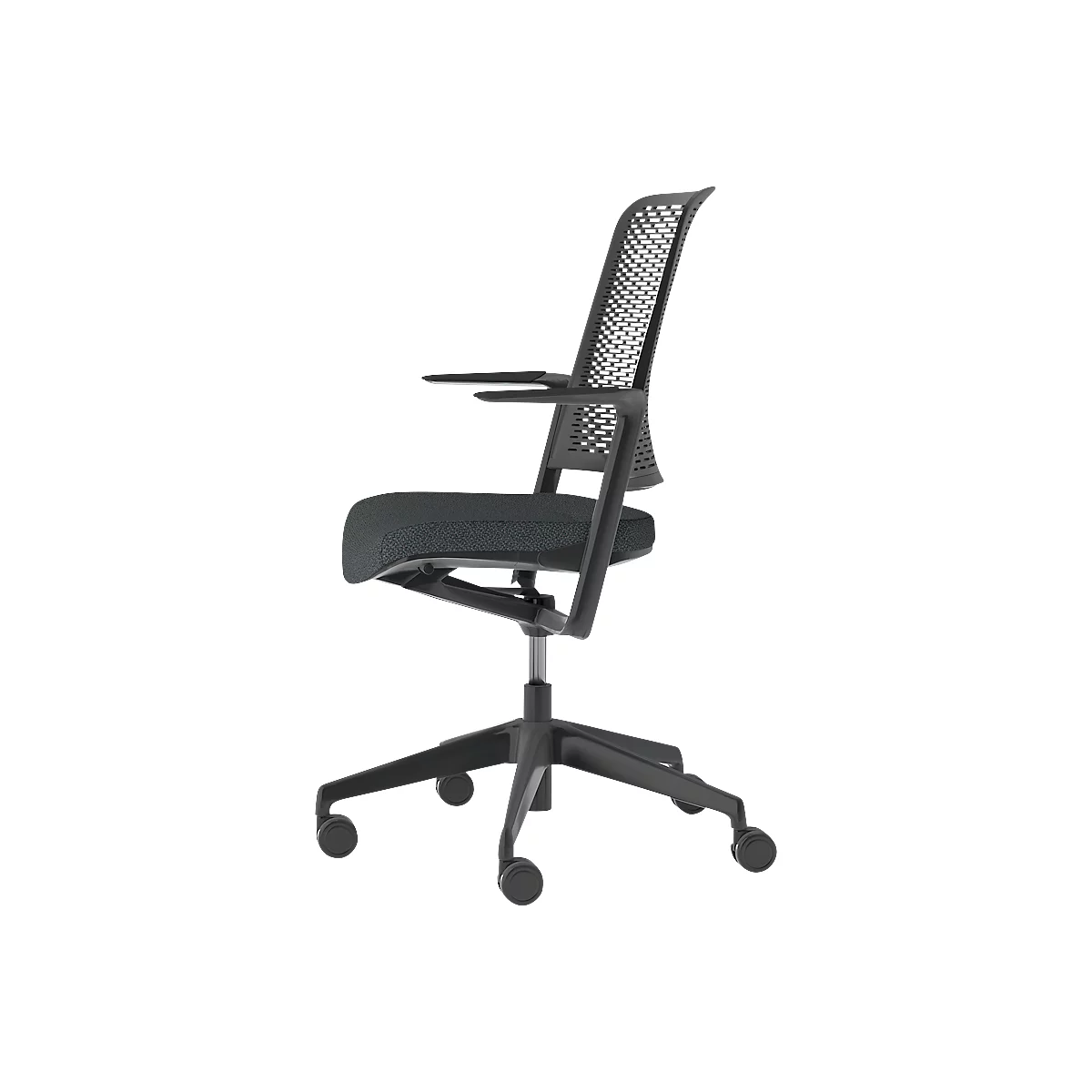 Black office chair with mesh back, armrests, and castors. Side view.
