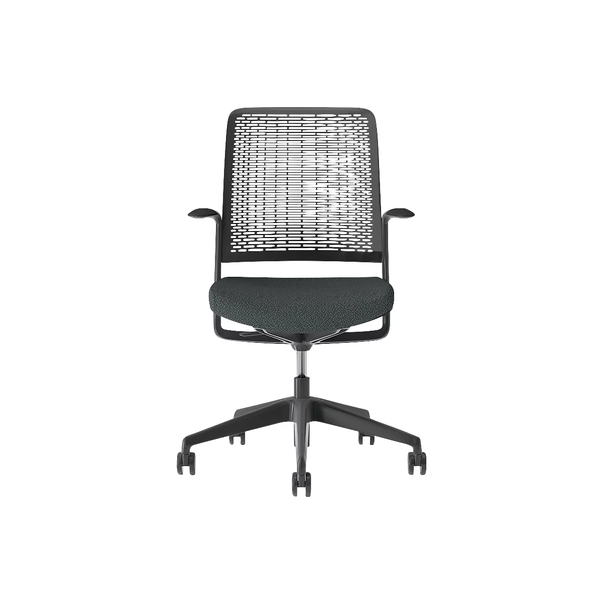 Black office chair, with mesh back, armrests, padded seat and castors.