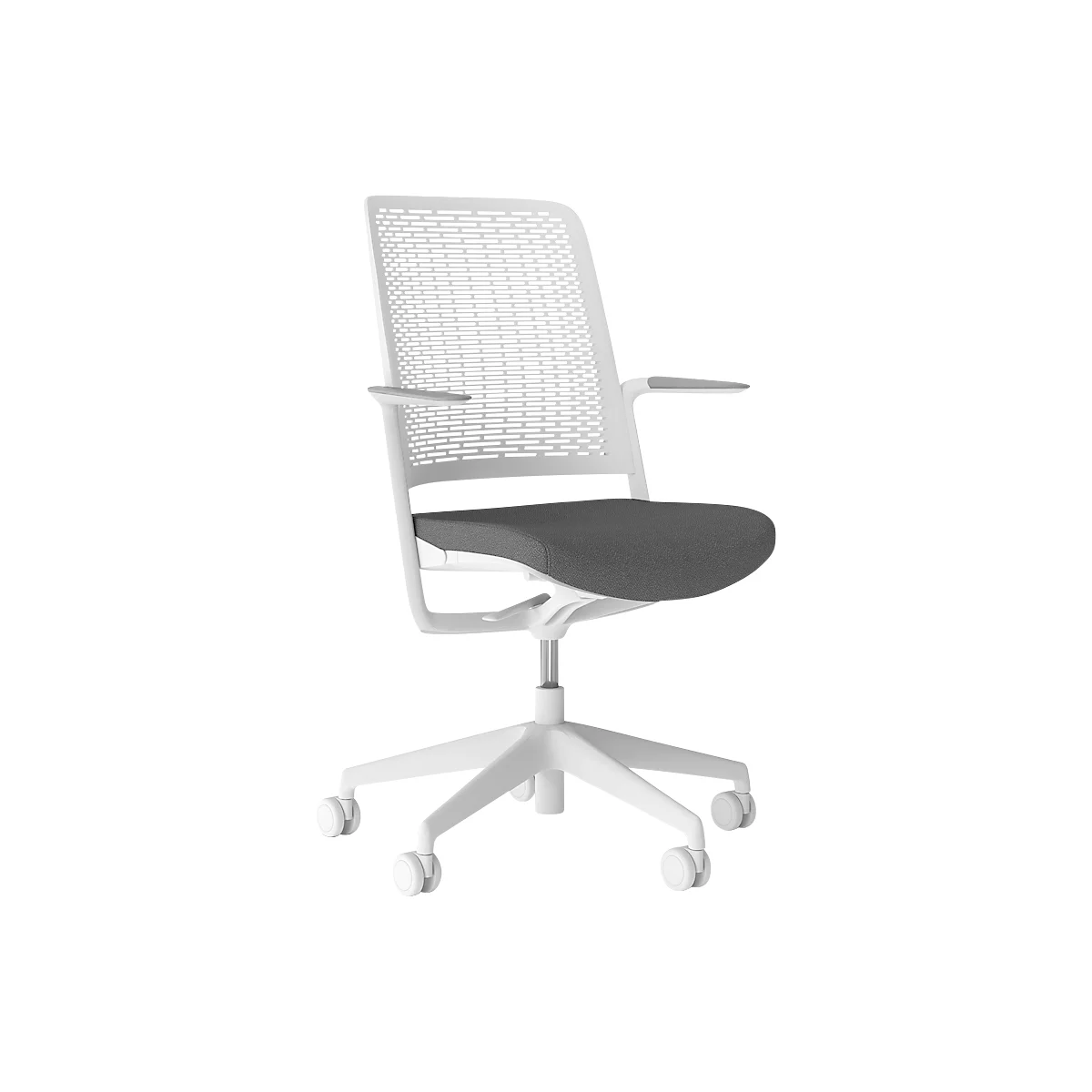 White office chair with gray seat and perforated backrest. The chair has armrests and casters.