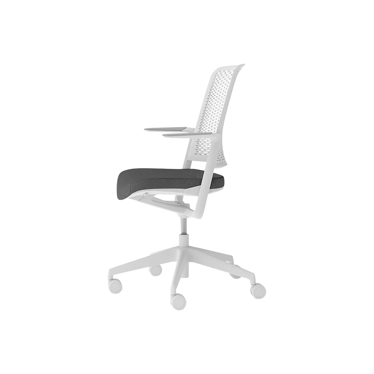 White office chair with gray seat and backrest, armrests, on castors.