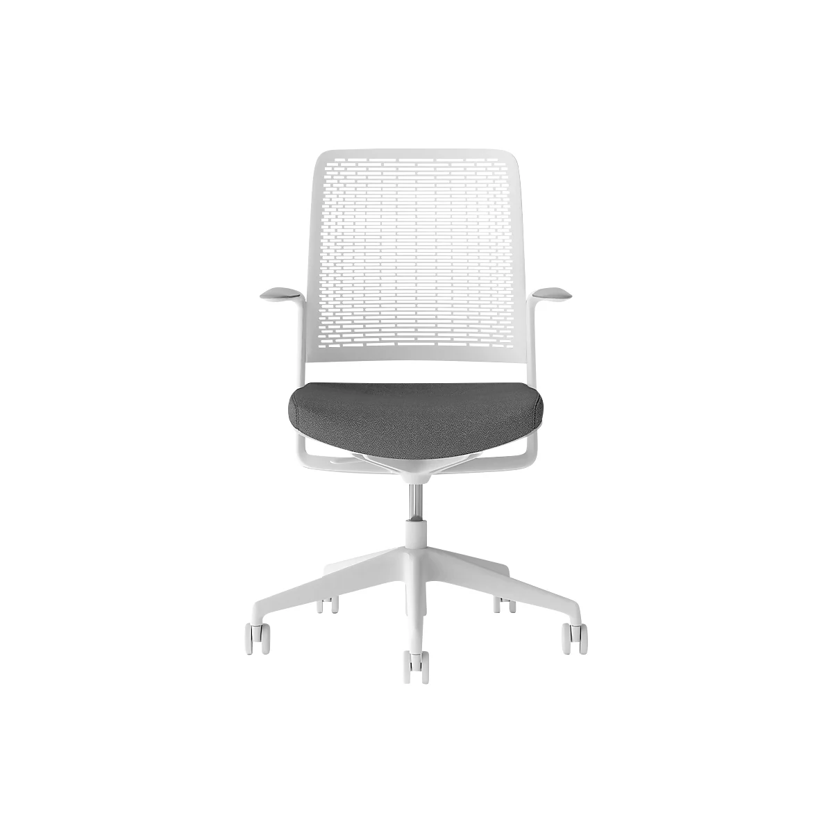 White office chair with gray seat and castors, front view.