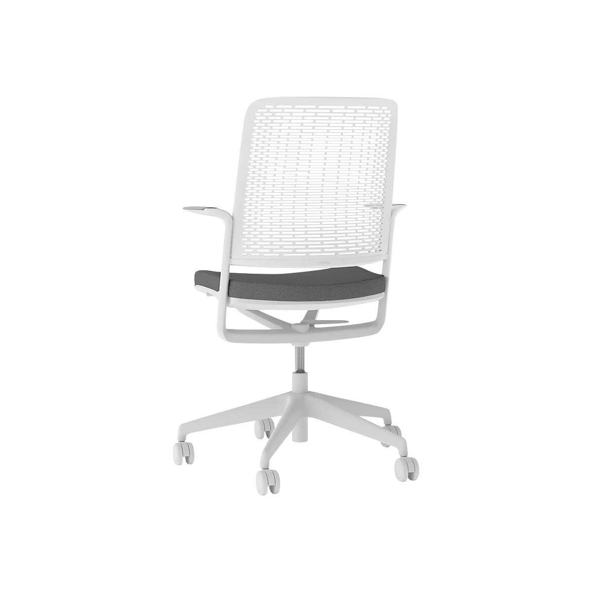 White office chair with wheels, mesh backrest, and grey seat.
