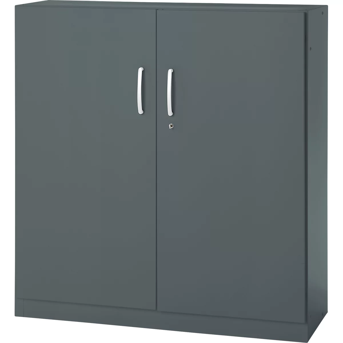 Grey filing cabinet with two doors, silver handles, and lock.
