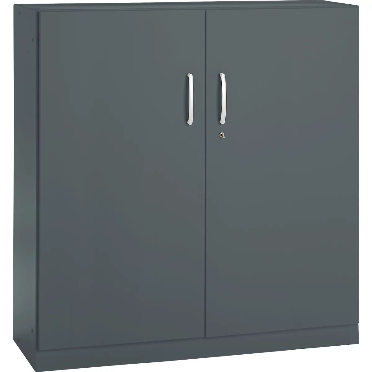 Gray cabinet with two doors. Each door has a silver handle and a keyhole.