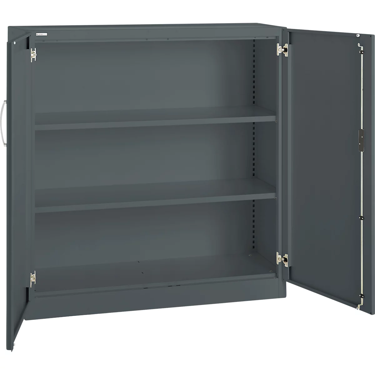 Gray steel cabinet, doors open, three shelves.