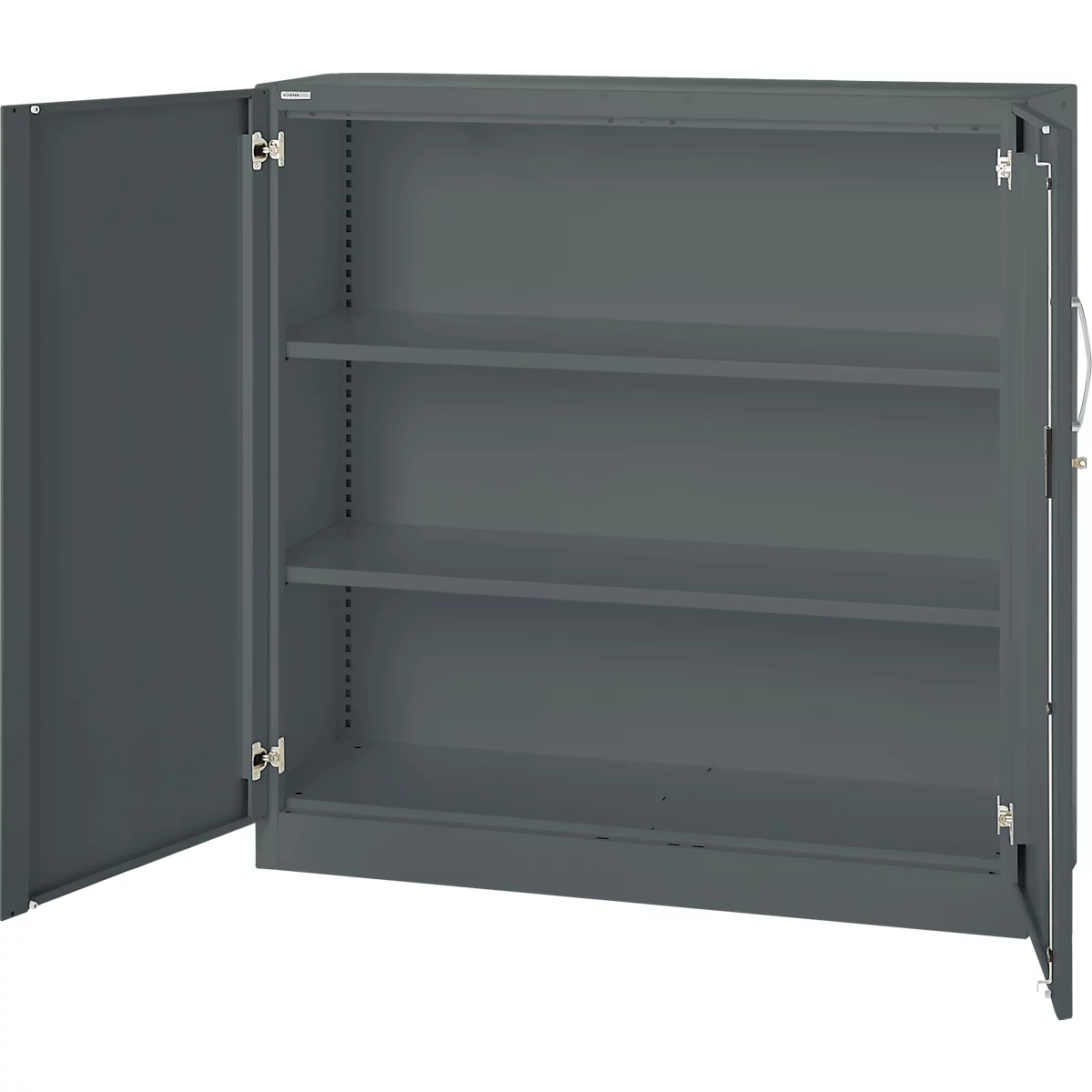 Gray steel cabinet with two open doors. There are three shelves inside. A handle and a lock can be seen on one door.