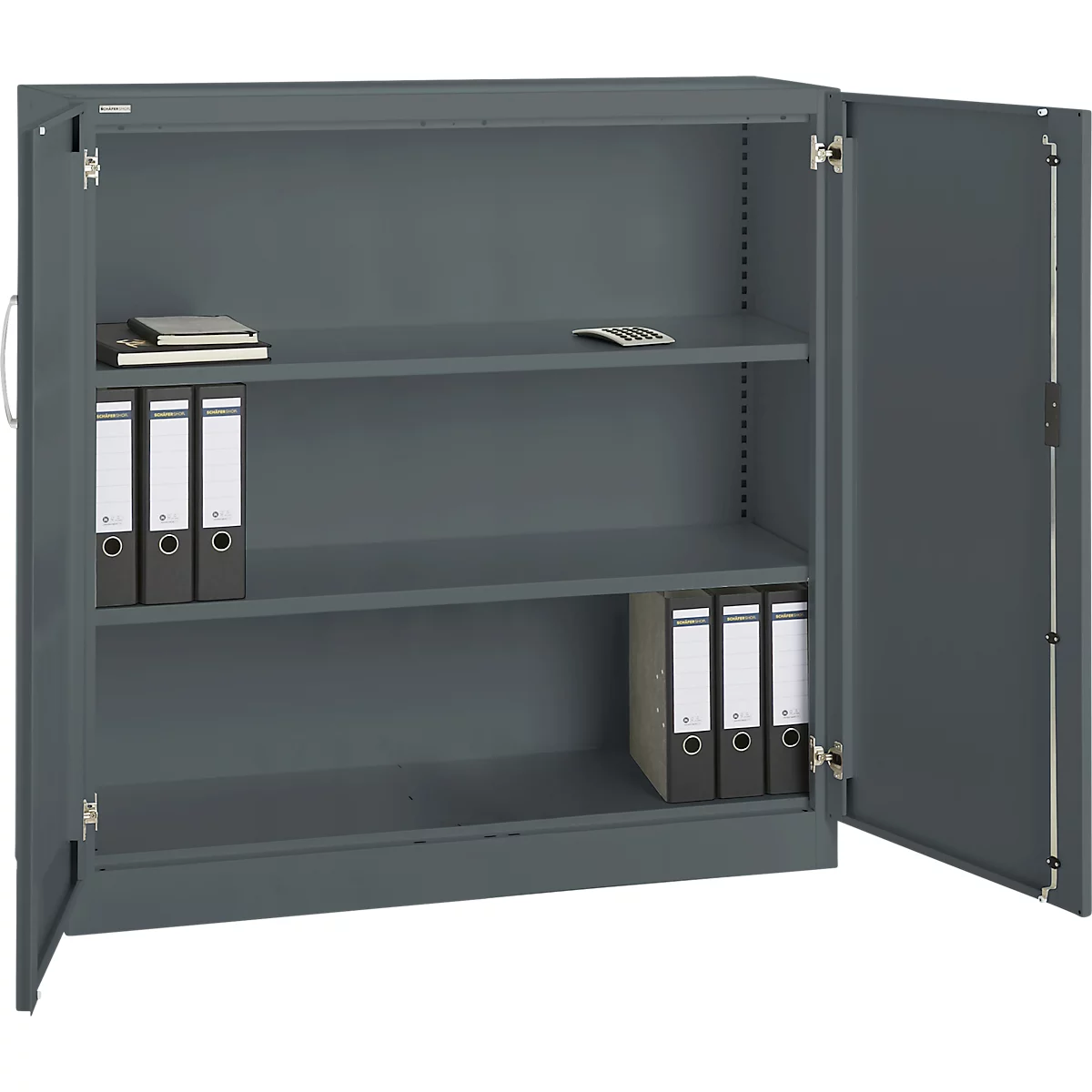 Grey filing cabinet with open door. Interior shelves with files, notepad and calculator.