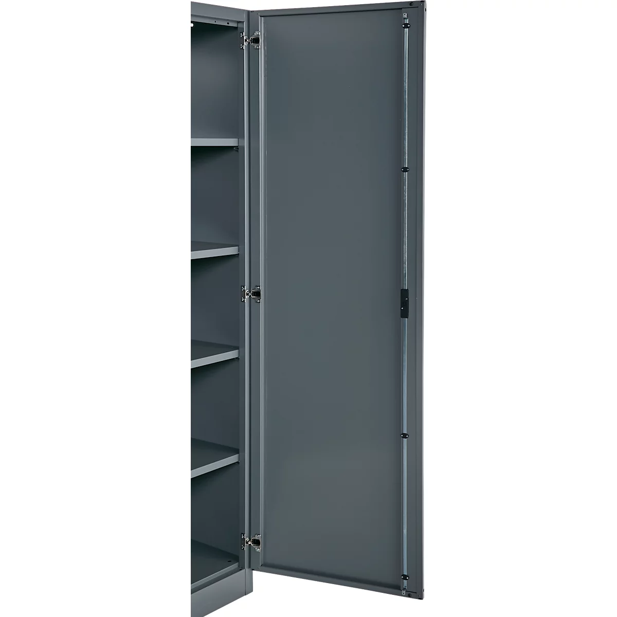 Open grey cabinet with shelves. The door is open, showing the empty interior.