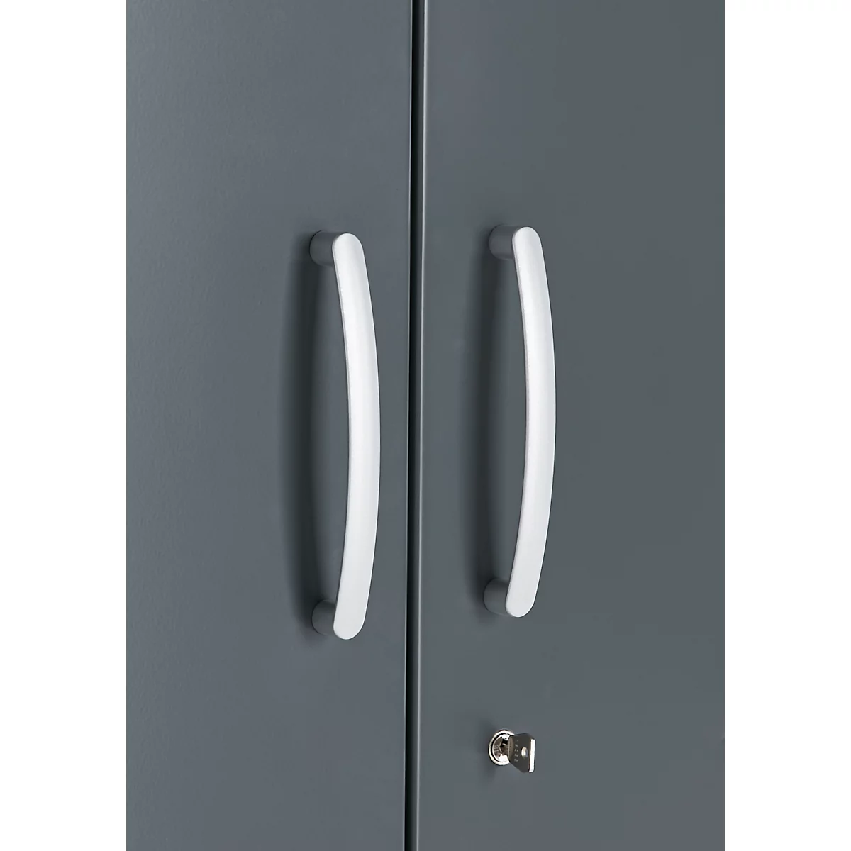 Gray cabinet with two white handles and a keyhole.