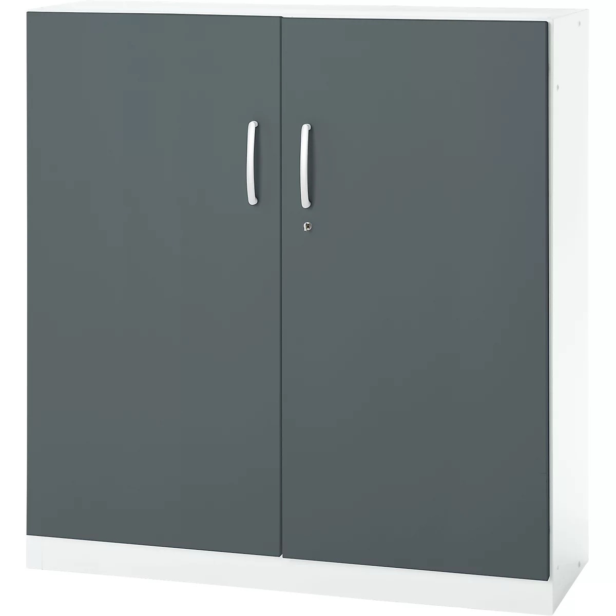 Grey cabinet with white sides, two doors, silver handles and a lock.