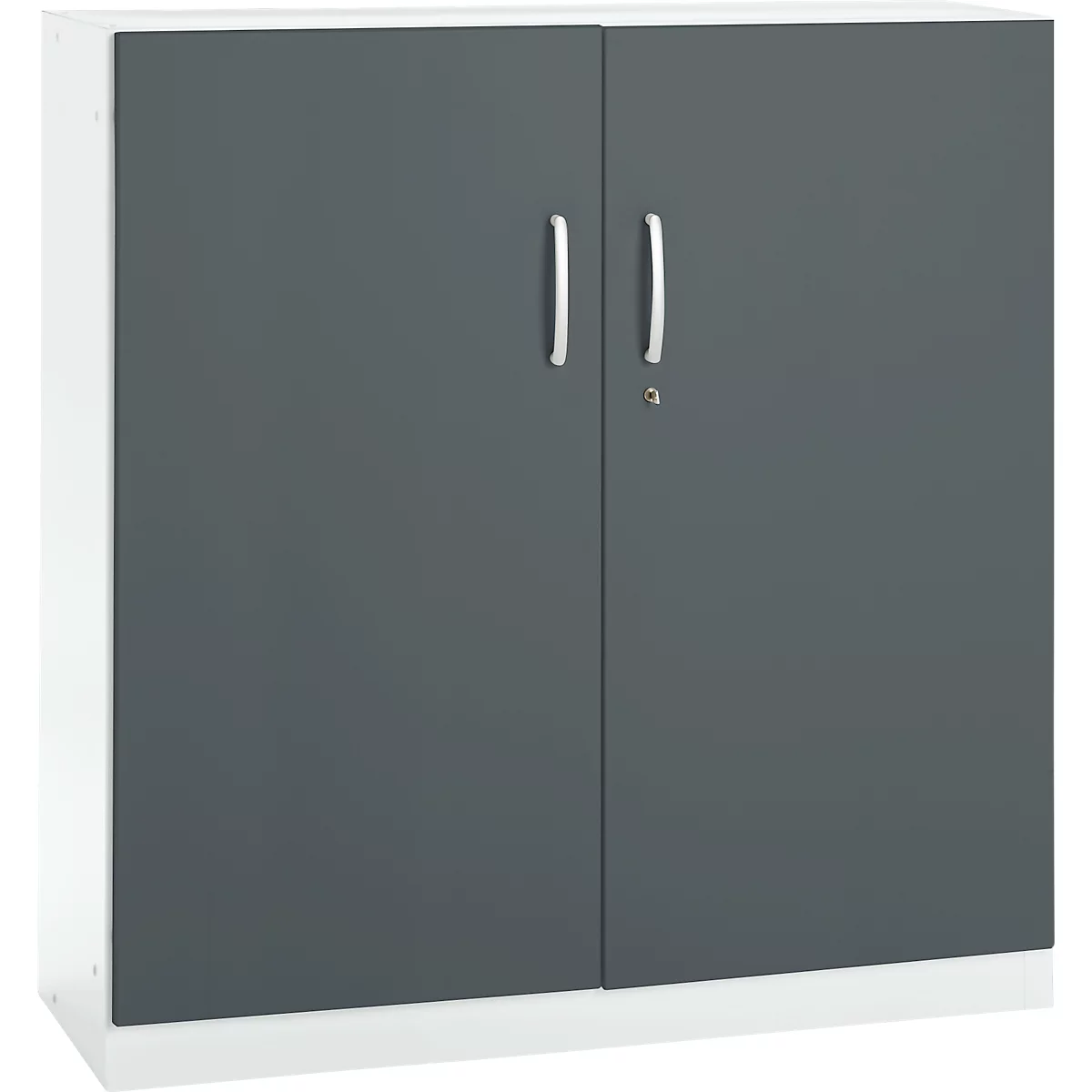 A gray cabinet with white sides. It has two doors with silver handles and a keyhole.