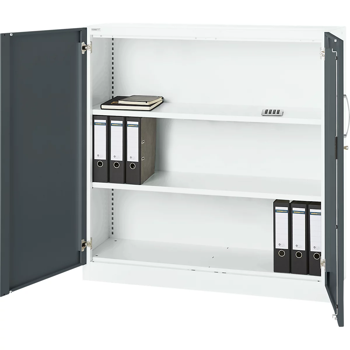 Open steel cabinet, white interior, gray doors. Binders, notebook, and code device on shelves.