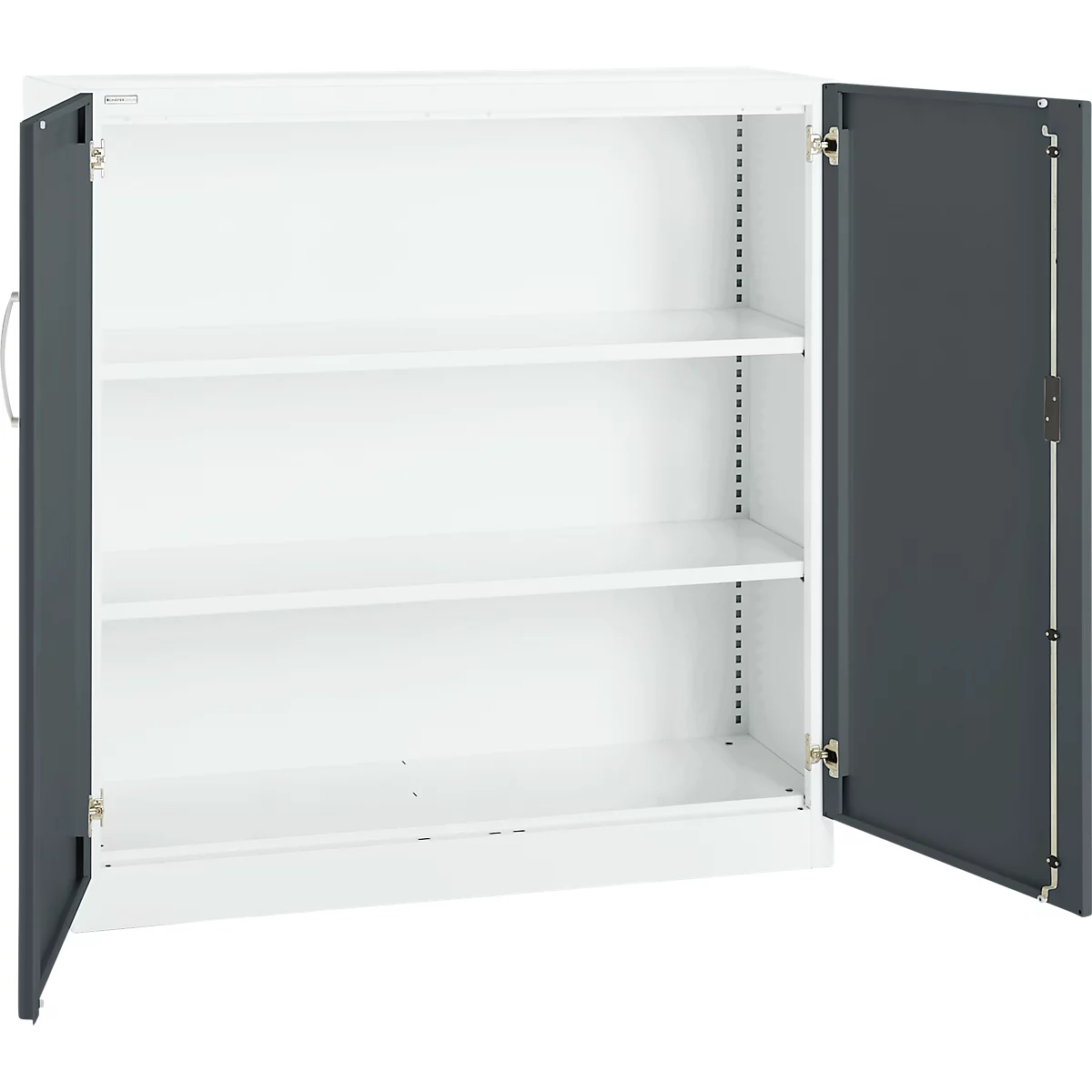 White filing cabinet with open grey doors; three shelves.