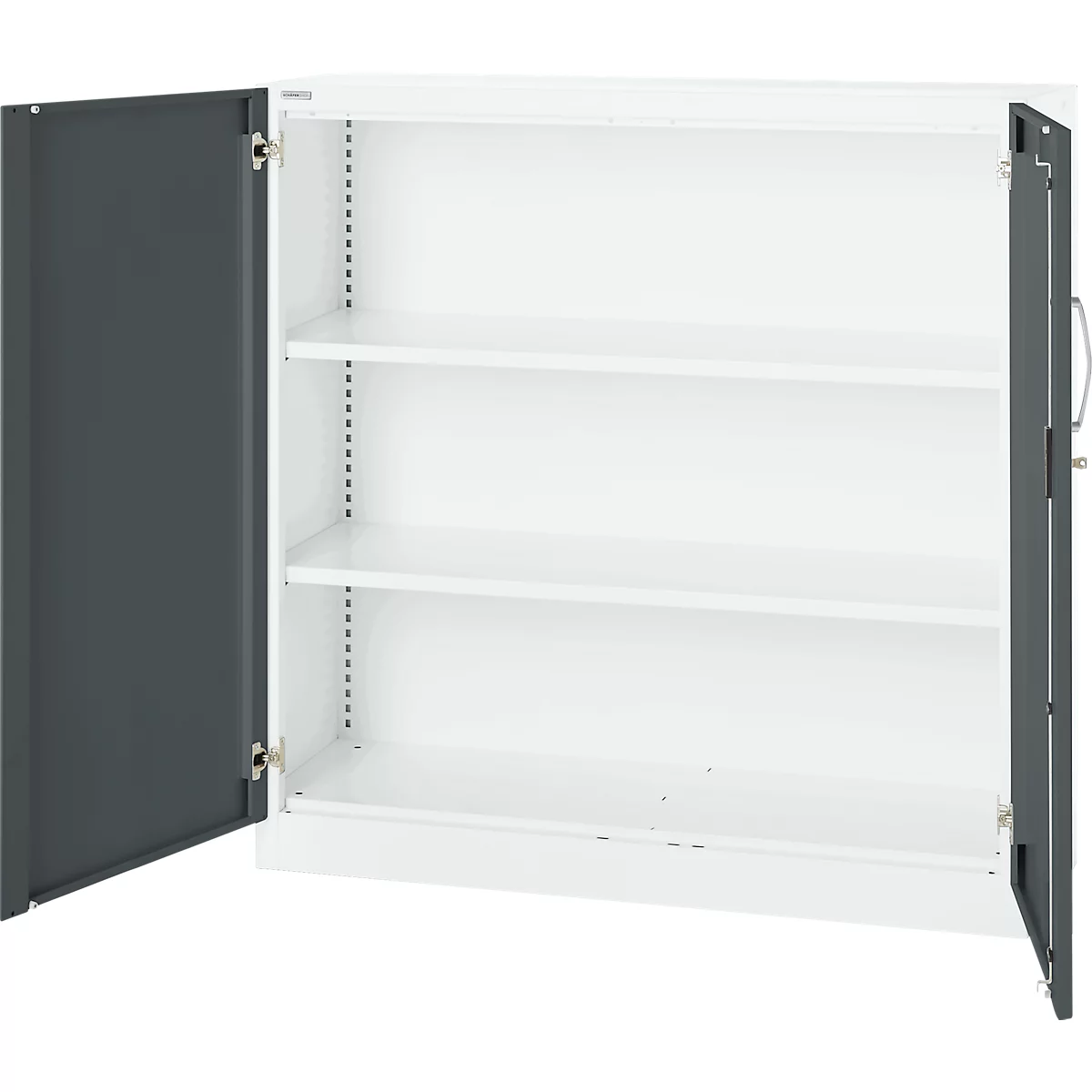 Open cabinet with gray doors and three white shelves. The left door is open, the right one ajar.