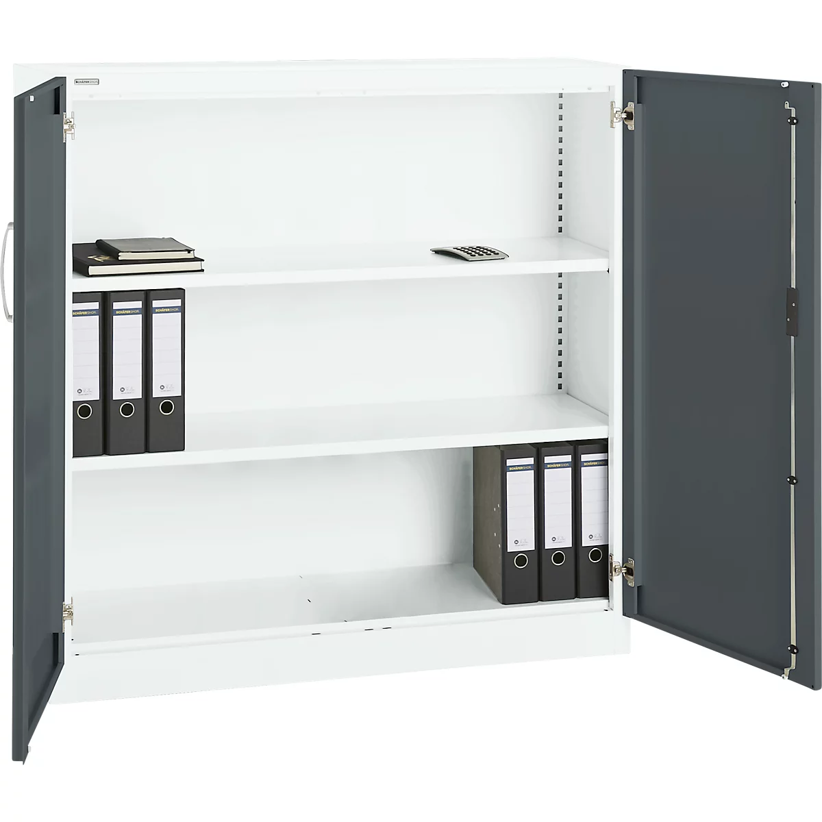 White filing cabinet with open doors. There are folders, notepad, and calculator on the shelves.