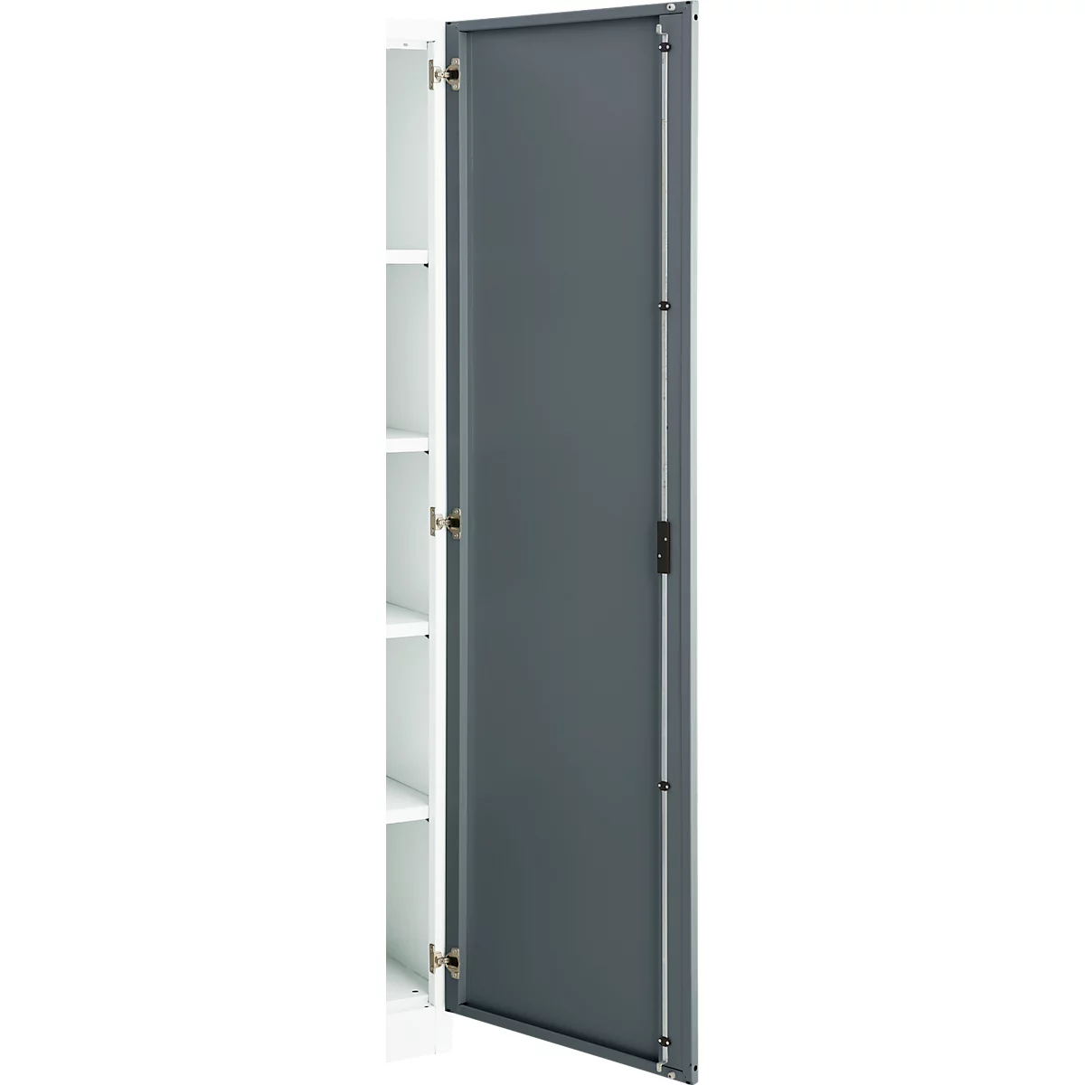 Opened gray cabinet door with adjacent white shelves. Metal hardware and hinges.