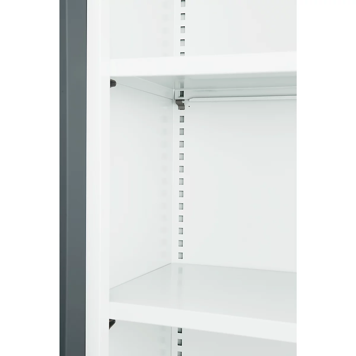Close-up of a white cabinet with multiple shelves. The inside of the cabinet is empty and the edges are grey.