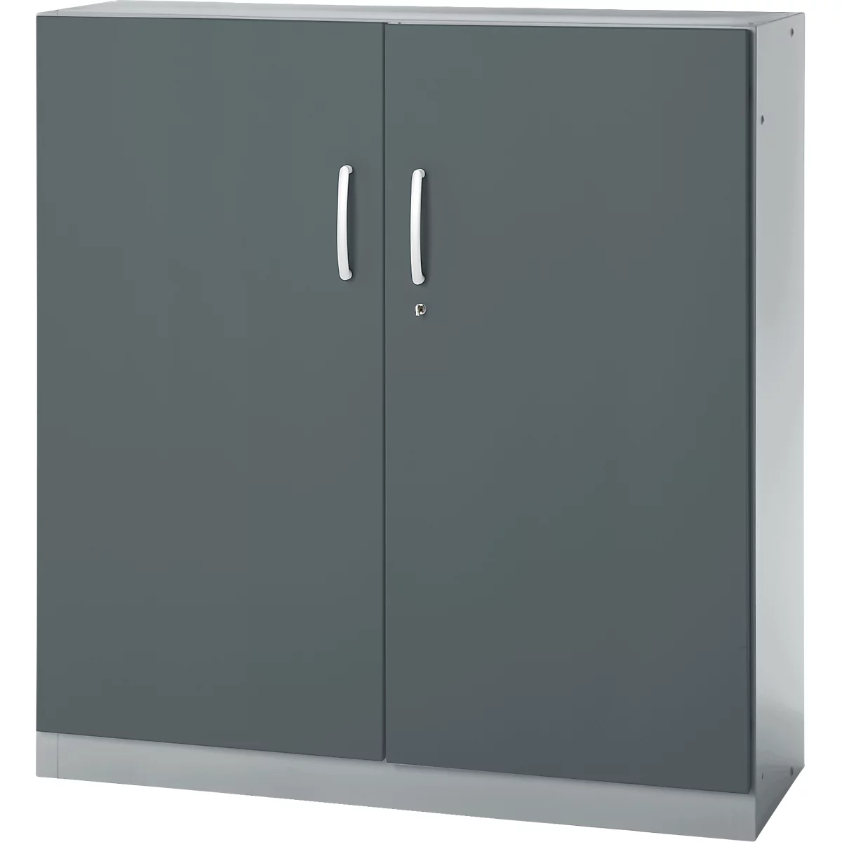 Gray cabinet with two doors. Handles and keyhole. Standing on a light base.