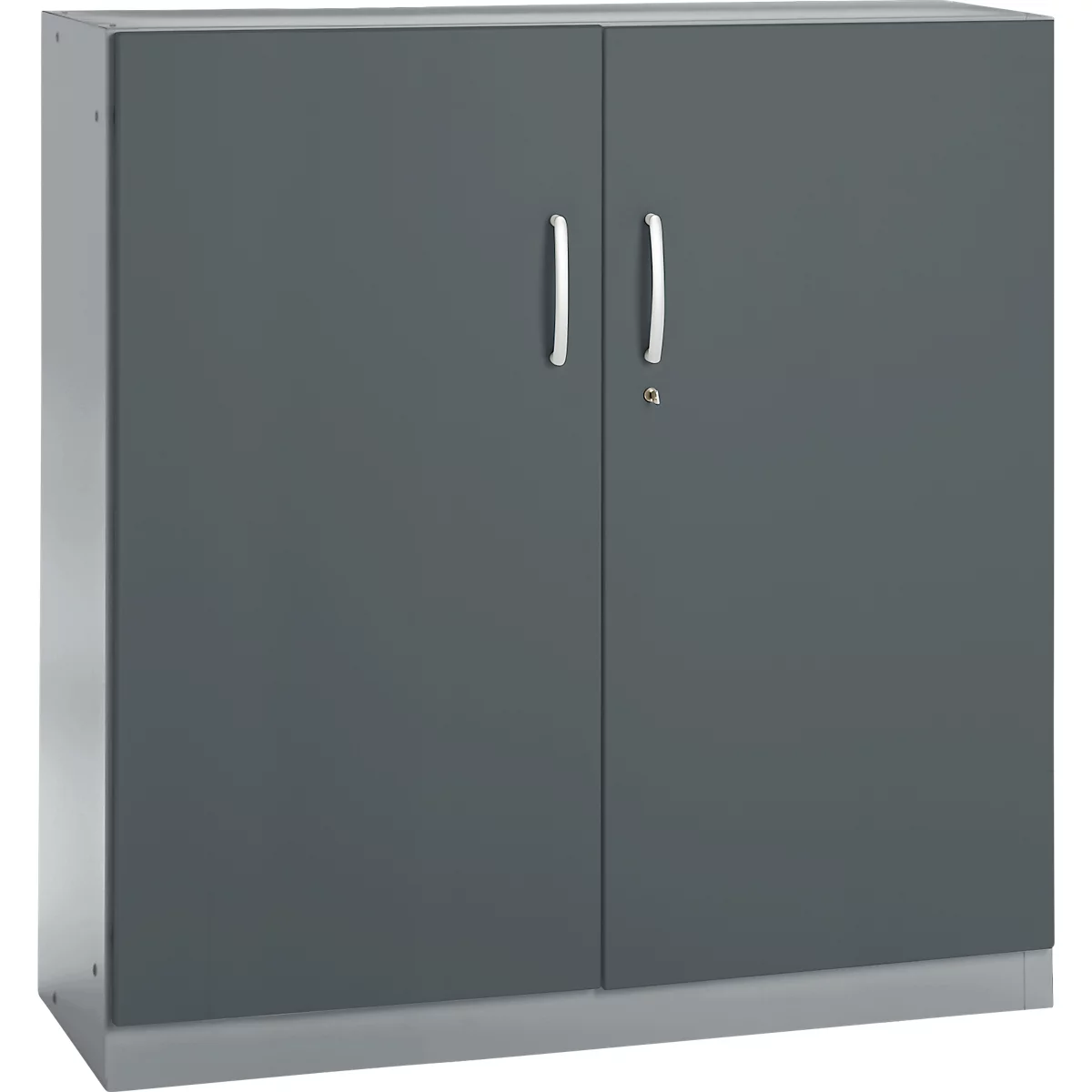 A gray cabinet with two doors, silver handles, and a keyhole.