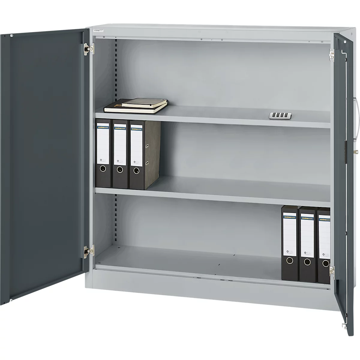 Gray steel cabinet, open doors, inside three compartments with binders and notepad.