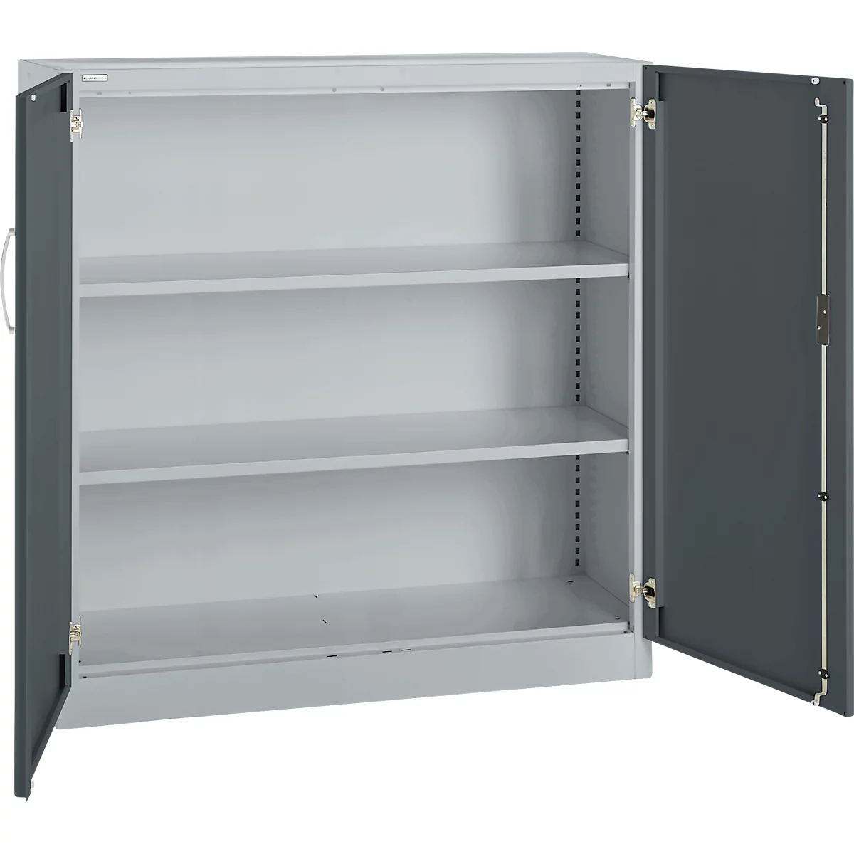 A gray steel cabinet with open doors. Inside, three shelves.