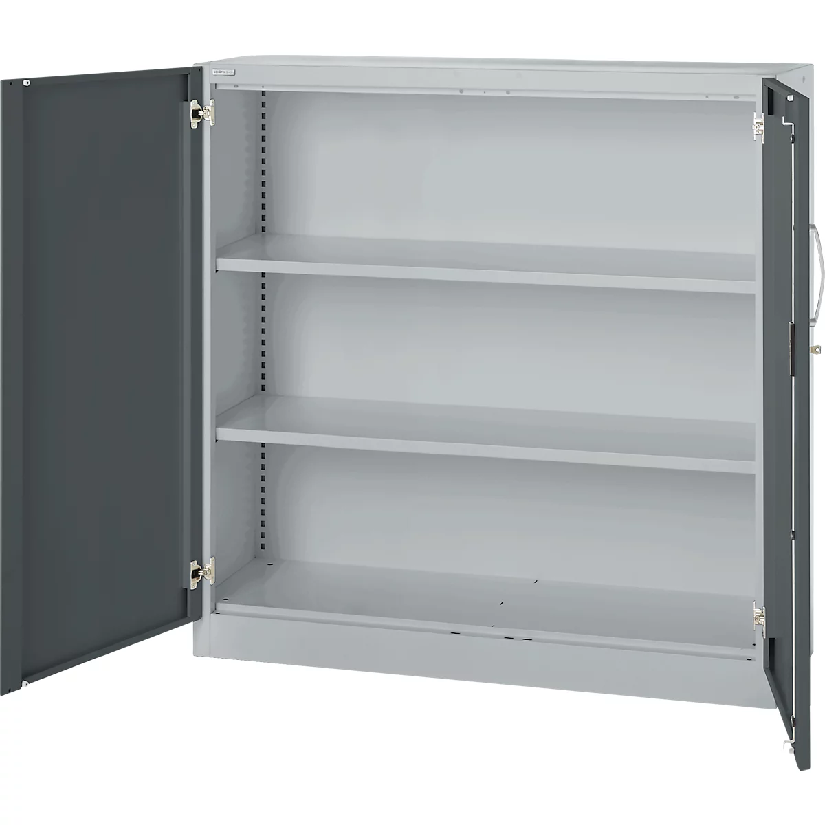 An open grey steel cabinet with three shelves. The left door is open.