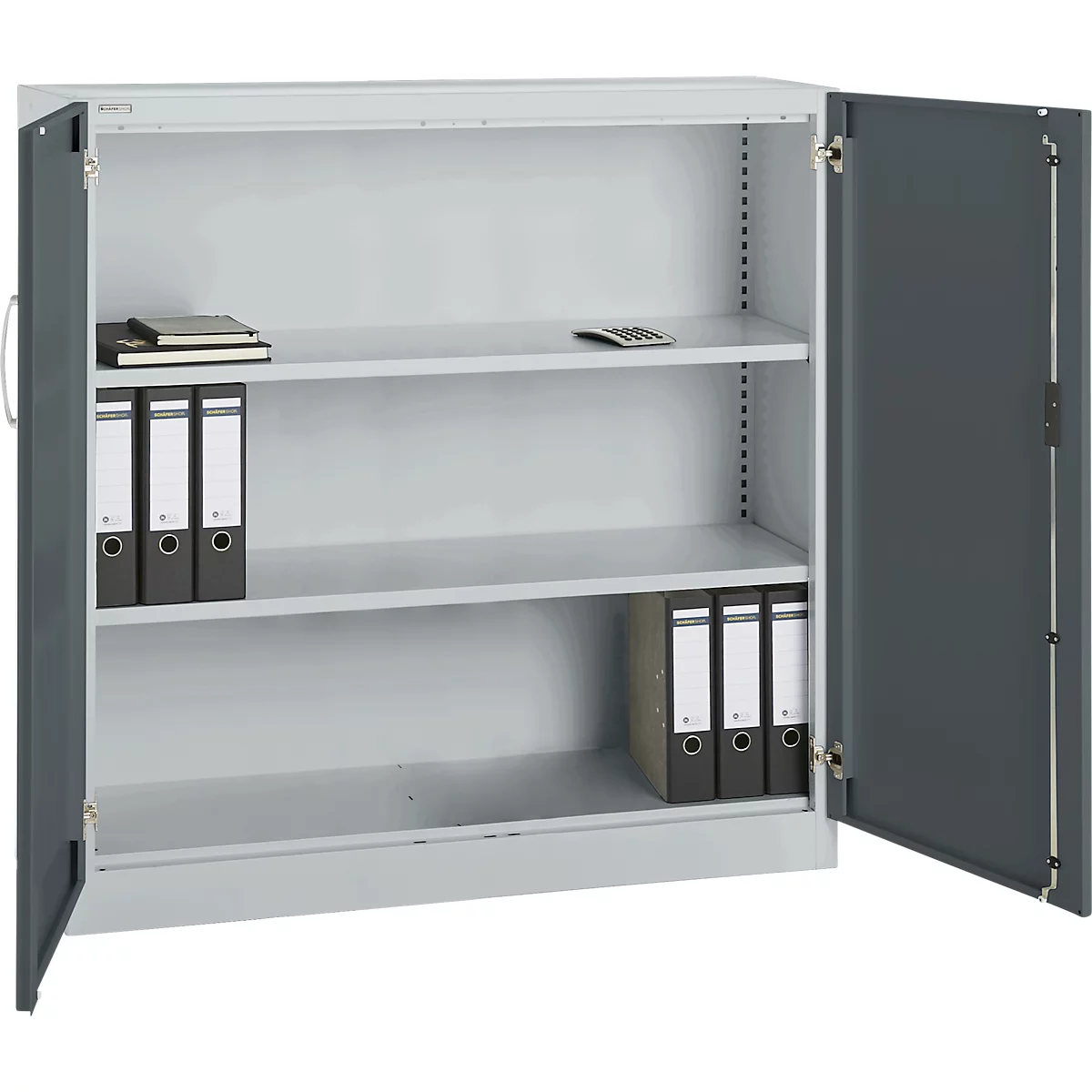Open, gray file cabinet with folders, notepad, and calculator on the shelves.