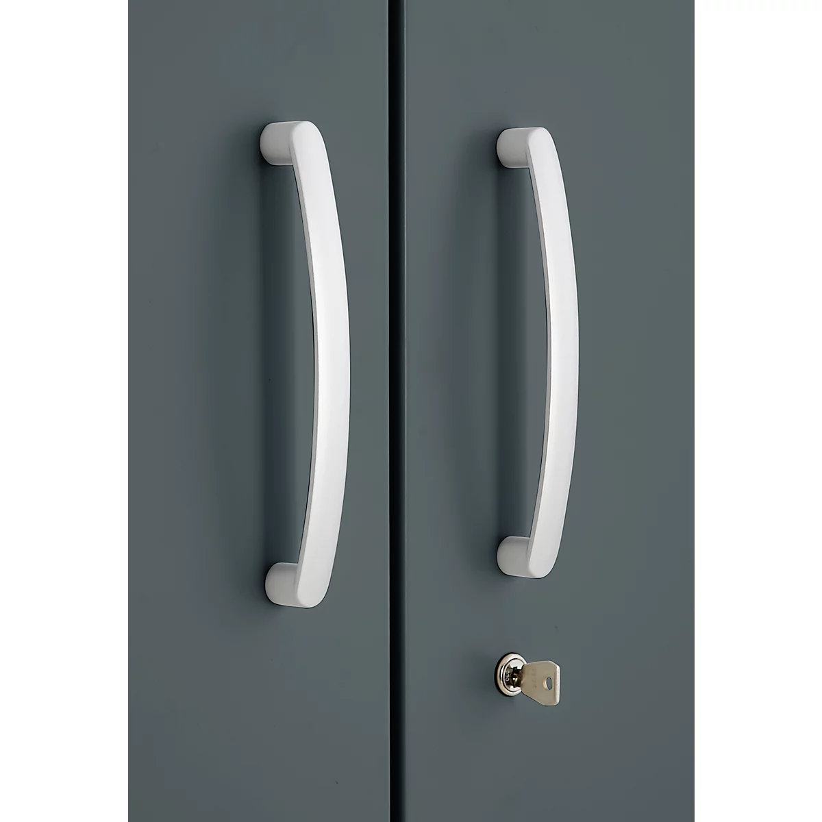 Gray cabinet doors with white curved handles, below a keyhole with key.
