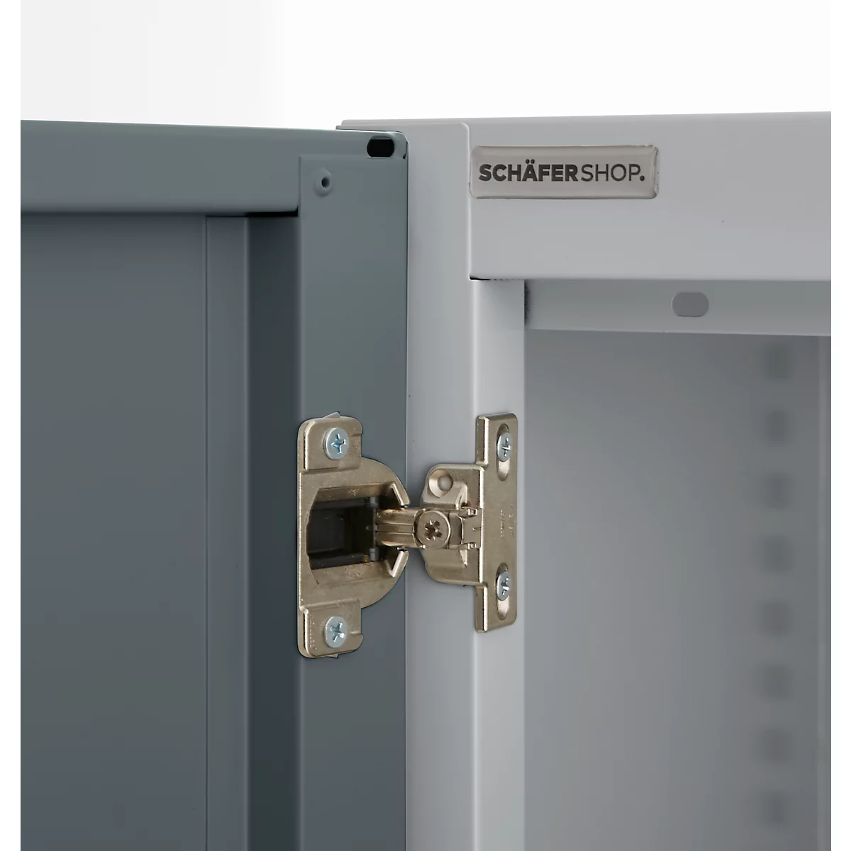 Cabinet detail: Open cabinet door with hinge, logo 'SCHÄFERSHOP' to the right. Gray and white color scheme.